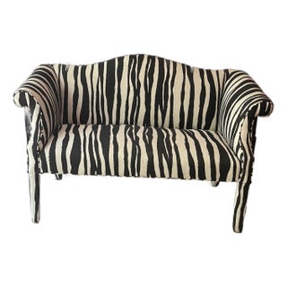 Petite Camelback Linen Sofa For Sale