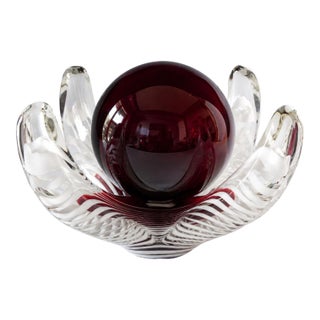 Late 20th Century Signed Mark Wagan Studio Art Glass Sculpture Ruby Red Orb Latticino Centerpiece For Sale