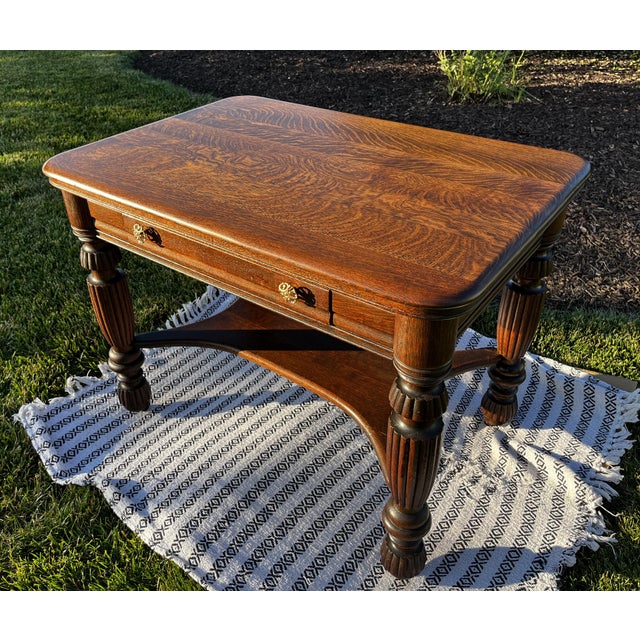 Brown Antique Tiger Oak Library Table / Desk – Bailey, Jones & Co., Jamestown, n.y. For Sale - Image 8 of 8