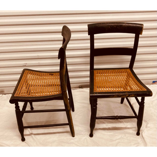 Hitchcock Antique Pair Hitchcock Chairs Black With Faded Greek Key Painting on Top of Chair Backs Cane Seats For Sale - Image 4 of 11