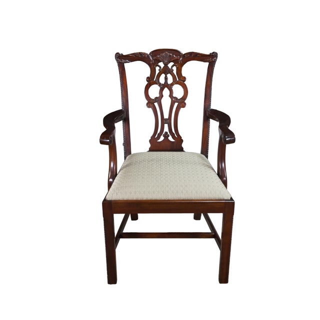 Chippendale 2 Late 20th Century Maitland Smith Chippendale Pierced Mahogany Dining Arm Chairs Silk Seats Pair For Sale - Image 3 of 18