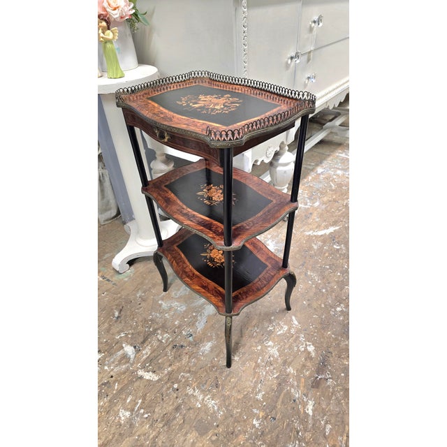 French Antique Napoleon III Three Tier Stand With Marquetry For Sale - Image 3 of 12