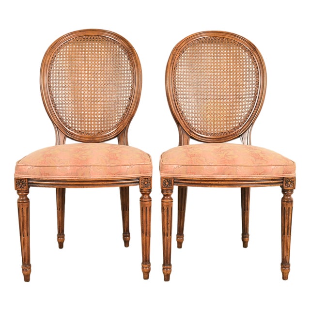 Karges French Regency Louis XVI Carved Walnut Cane Back Side Chairs or Dining Chairs, Pair For Sale