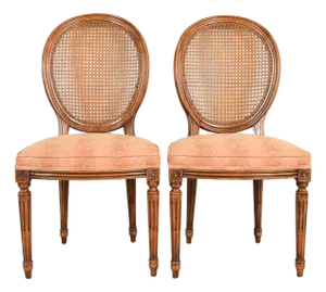 Karges French Regency Louis XVI Carved Walnut Cane Back Side Chairs or Dining Chairs, Pair