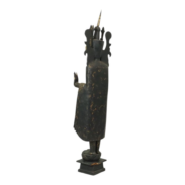 Very Large Weathered Gilded Wood Statue of Buddha, Burma For Sale - Image 4 of 18