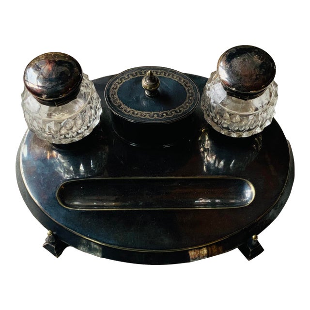 Mid-19th Century English Neoclassical Silverplate Inkwell & Inkstand For Sale