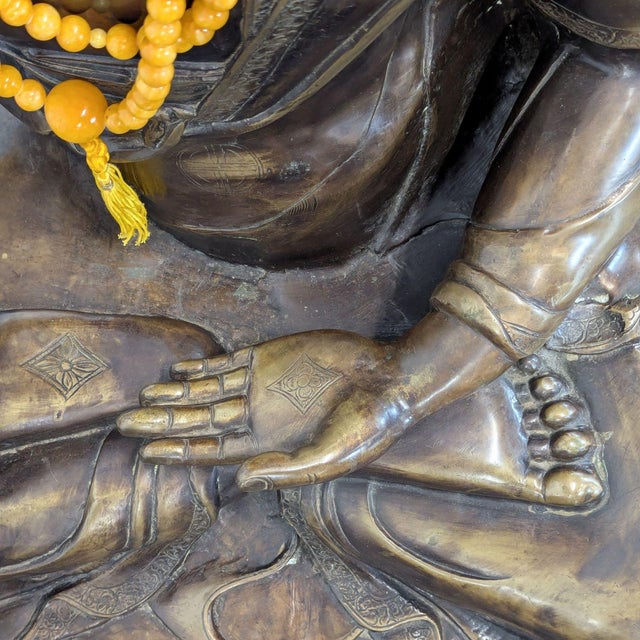 Metal Vintage Bronze Sitting Buddha Sculpture With Yellow Bead Necklace For Sale - Image 7 of 8