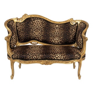 Vintage Leopard Print Gold Leaf Settee Sofa Loveseat For Sale