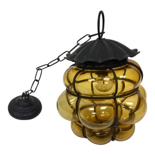 Vintage Mid-Century Modern Imprisoned Caged Glass Hanging Lamp With Chain For Sale