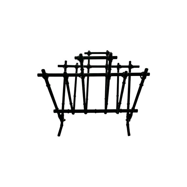 Mid 20th Century Magazine Holder Metal Black Faux Bamboo Rack v Shape Vintage MCM Decor For Sale - Image 5 of 7