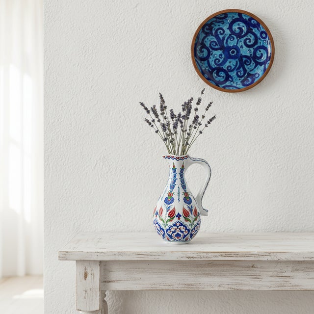 Turkish Handmade Ceramic Pitcher (25cm) – Red Tulips & Blue Hyacinths – Elegant Slender Form For Sale - Image 3 of 11