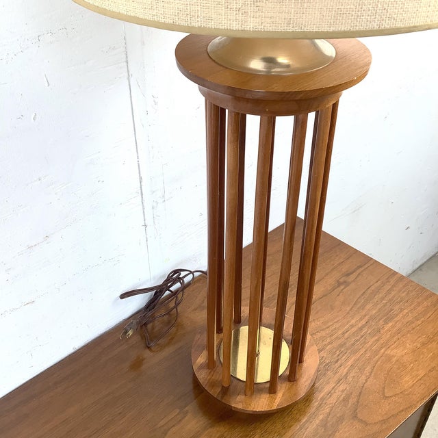 Vintage Mid-Century Walnut Dowel Table Lamp With Linen Drum Shade For Sale - Image 9 of 12