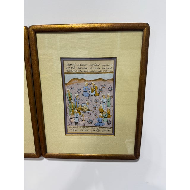 Pair, Persian Manuscript Paintings, Horsemen and Courtly Gathering For Sale - Image 4 of 10