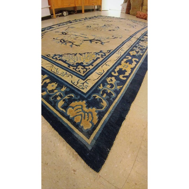 Antique Chinese Rug, Tan and Blue Oriental Handmade Wool Rug For Sale - Image 4 of 8