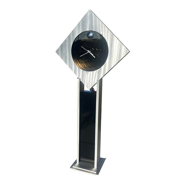 Vintage 1980s Postmodern Infinity Ventura Floor Clock Attributed to Douglas Durkee Brushed Aluminum For Sale