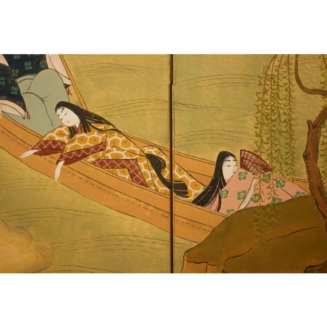 1970s 1970s "The Tale of Genji" Japanese Painted Silk Byobu Screen For Sale - Image 5 of 18