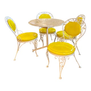 Vintage 1960s 5-Piece White Cast Iron and Marble Patio Set With Bright Yellow, Vinyl Seat and Back Cushions For Sale