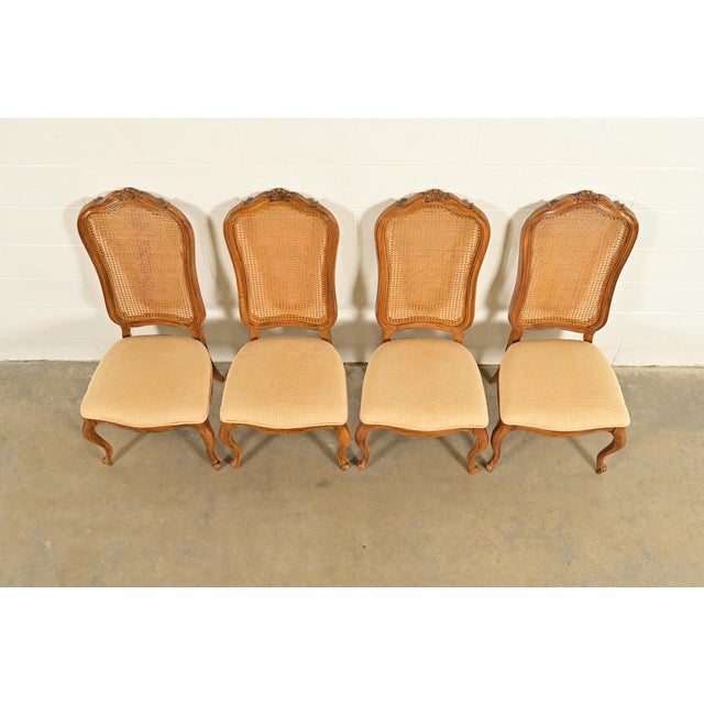 1960s Thomasville French Provincial Louis XV Carved Walnut and Cane Back Dining Chairs, Set of Four For Sale - Image 5 of 13
