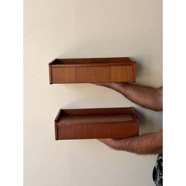 1960s Mid Century Danish Teak Floating Nightstands Wall Mounted Shelves, A Pair For Sale - Image 9 of 10
