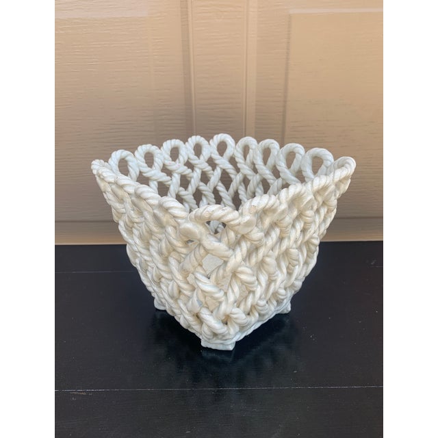 1960s French Country White Ceramic Woven Rope Cachepot Basket For Sale In South Bend - Image 6 of 13