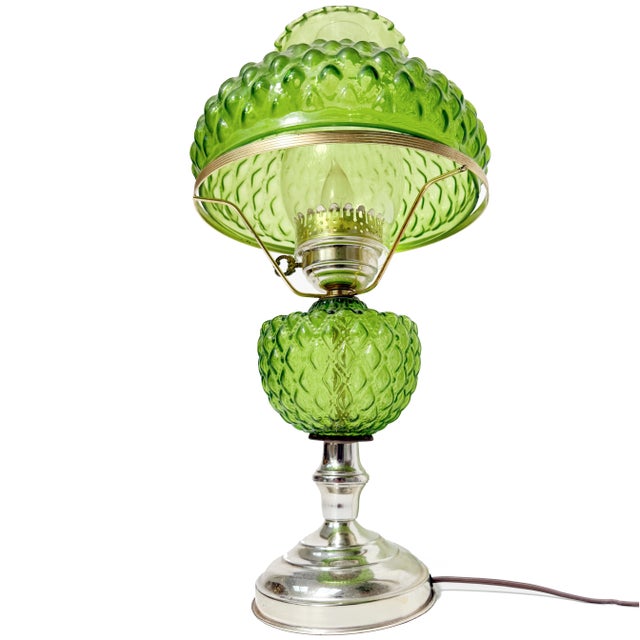 Mid-Century Modern Vintage 1960s Green Glass Hurricane Table Lamp For Sale - Image 3 of 3
