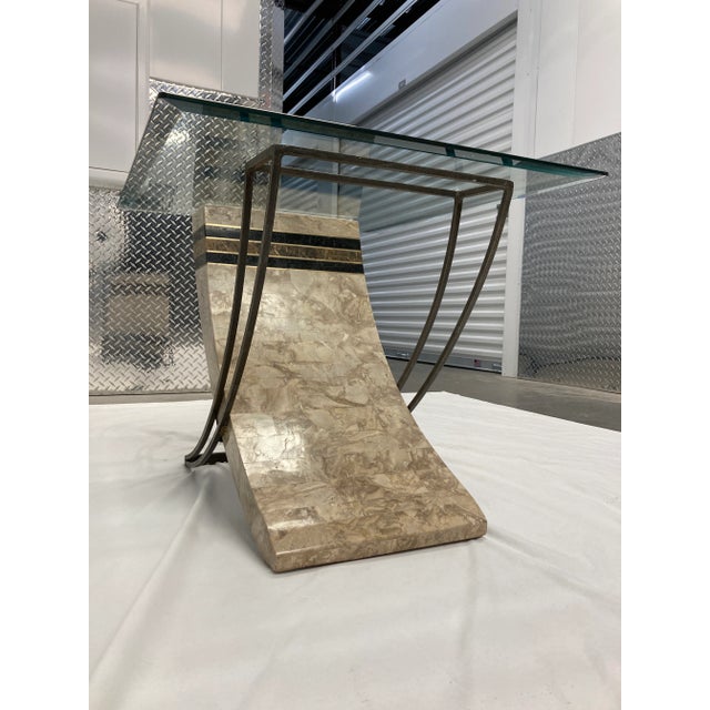 Metal 1980s Maitland-Smith Style Tessellated Stone and Iron Sculptural Base Glass Top Side End Table For Sale - Image 7 of 13