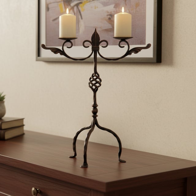 Hand Forged Iron Candelabra 23″ (59cm) Antique Copper Finish Grand Wide & Tall Centerpiece For Sale - Image 4 of 8
