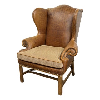 Embossed Cognac Leather Wing Back Chair by Davis and Shaw For Sale