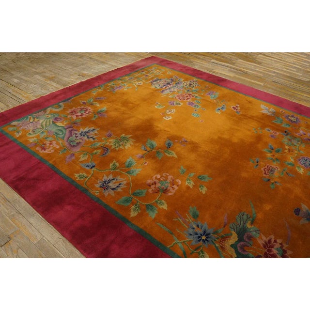 1920s Burnt Orange Floral Antique Chinese Art Deco Carpet 8'8'' X 11'4'' Knotted Pile Wool Rug For Sale - Image 4 of 12