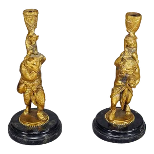 A Pair Victorian Casted and Gilded Iron Candle Stick With Bears