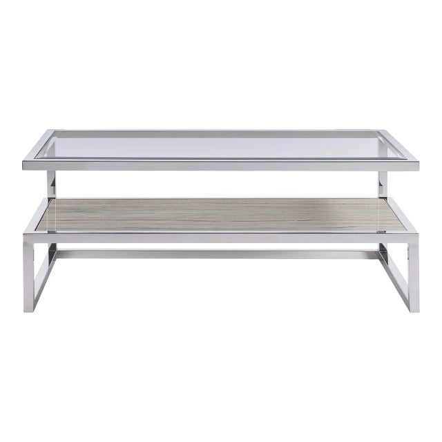 Transitional Parade Cocktail Table with Stone Shelf, Ivory For Sale