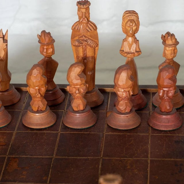 Wood Vintage Hand-Carved Wood and Leather Chess Set For Sale - Image 7 of 11