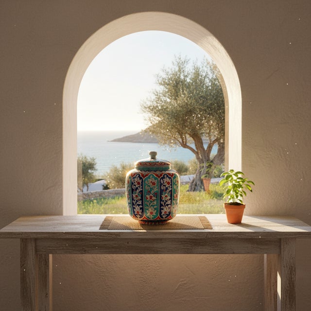 Handmade Ceramic Jar (25cm) “Aegean Columns” Design – Rhythmic Cobalt & Turquoise Architecture For Sale - Image 4 of 11