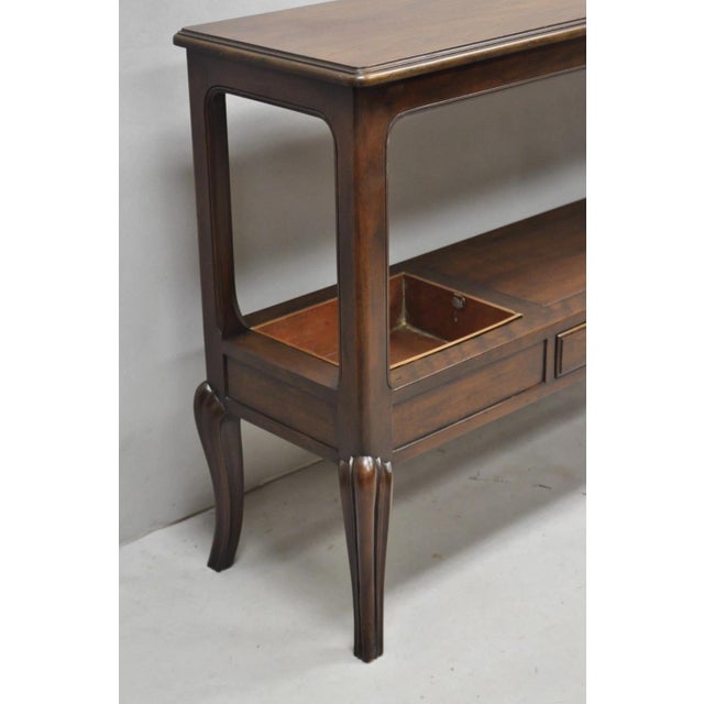 Vintage Baker Dark Cherry Wood Narrow French Console Hall Table W Copper Inserts For Sale - Image 11 of 12