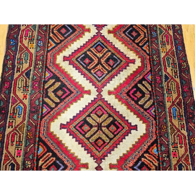 Vintage Persian Malayer Runner, Handwoven Rug in Geometric Pattern, Ivory & Red, 3’ X 10’ For Sale - Image 11 of 12