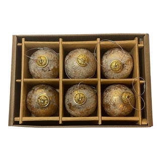 Set of Six Gold Flecked Ivory Mercury Glass Embossed Christmas Ball Ornaments For Sale