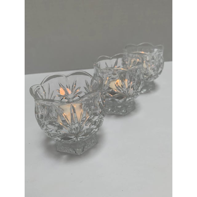 Set of three vintage cut glass tea light votives or cups for cotton swabs, matchsticks or makeup brushes.