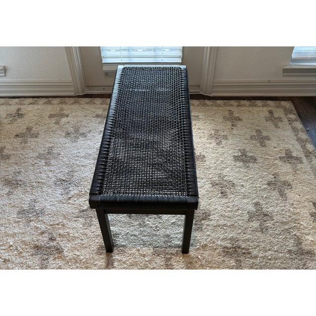 Cb2 Small Black Leather Woven Bench, Modern Matte Black Wood Frame For Sale - Image 10 of 11