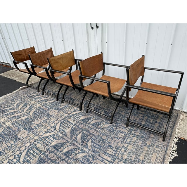 Restoration Hardware 1970s French Director's Dining Chairs | Set of 5 | Chestnut Leather For Sale - Image 11 of 17