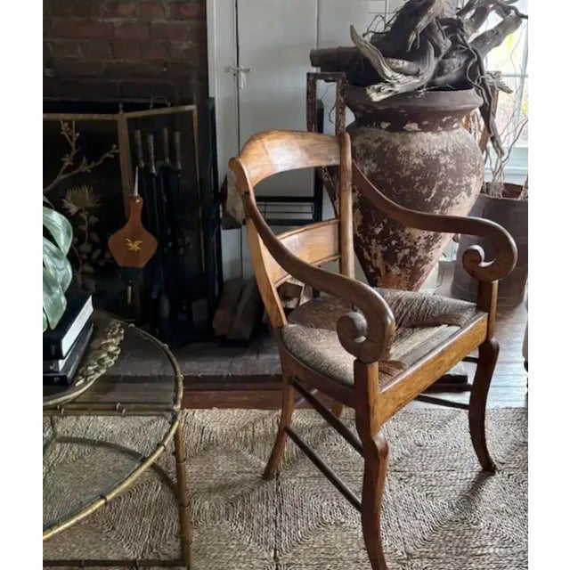 Wood French Scroll Armchair With Rush Seat and Saber Legs For Sale - Image 7 of 11