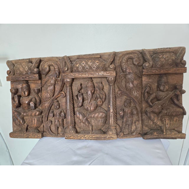 Hindu Hand-Carved Wooden Ganesha Wall Hanging Panel Sculpture, 1950s For Sale - Image 10 of 10