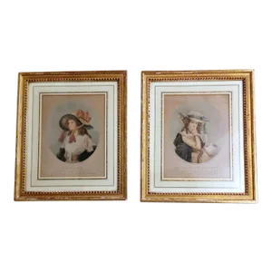 Antique English Portrait Color Prints, Framed - Set of 2