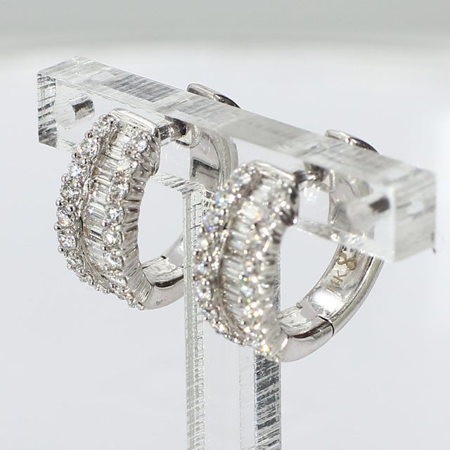 Early 21st Century 14k White Gold "Huggies" Earrings With Baguettes & Round Diamonds, A Pair For Sale - Image 5 of 6