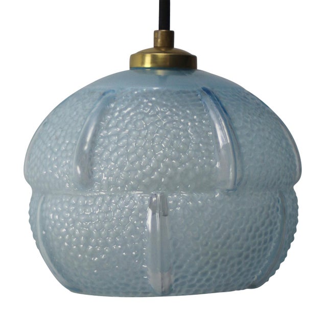 French Art Deco Blue Reeded Glass Pendant Lamp For Sale - Image 6 of 6