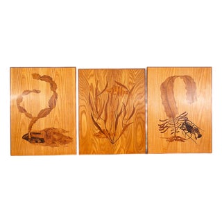 20th C. Mid Century Modern Wood Inlay Art Set of 3 Sea Creatures Mosaic Panels Denmark For Sale