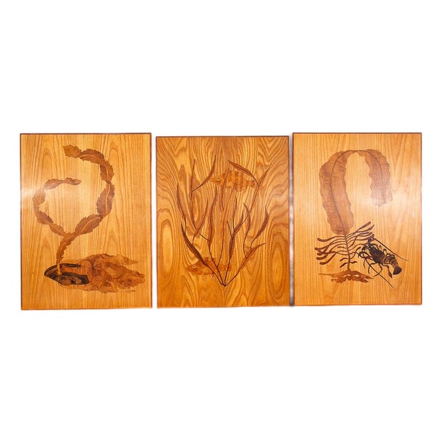 20th C. Mid Century Modern Wood Inlay Art Set of 3 Sea Creatures Mosaic Panels Denmark For Sale