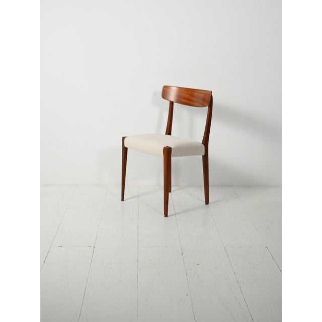Set of six Scandinavian teak chairs from the 1960s with curved backrests and seats upholstered in cream-white velvet-...