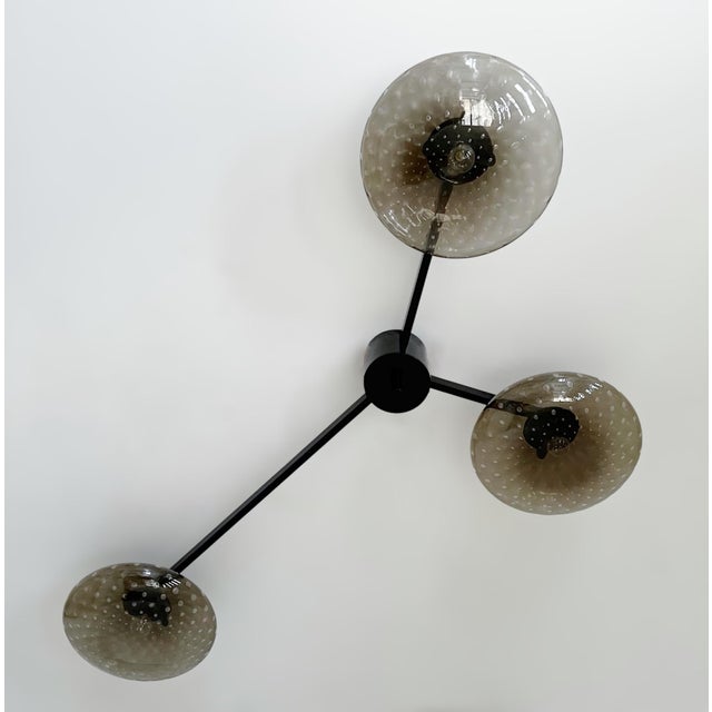 Italian Trio Black Powder Coat Smoky Bubbles Glass Flush Mount by Fabio LTD For Sale - Image 3 of 7