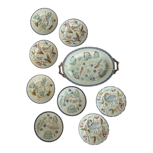 Pottery Barn Blue Majolica Bird Plates Set - Set of 9 For Sale
