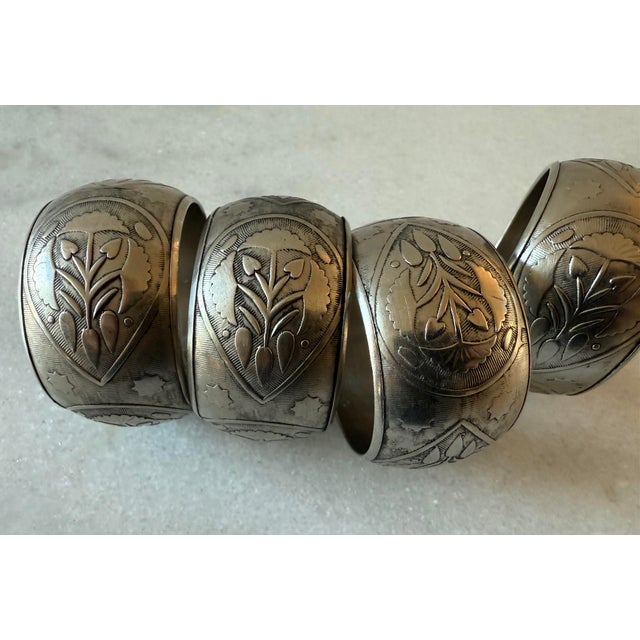 Set of 4 Engraved Silver Metal Napkin Rings For Sale - Image 4 of 7